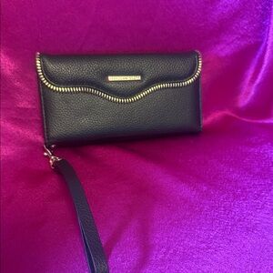 Rebecca mikkoff phone charging Black Leather Wristlet Clutch